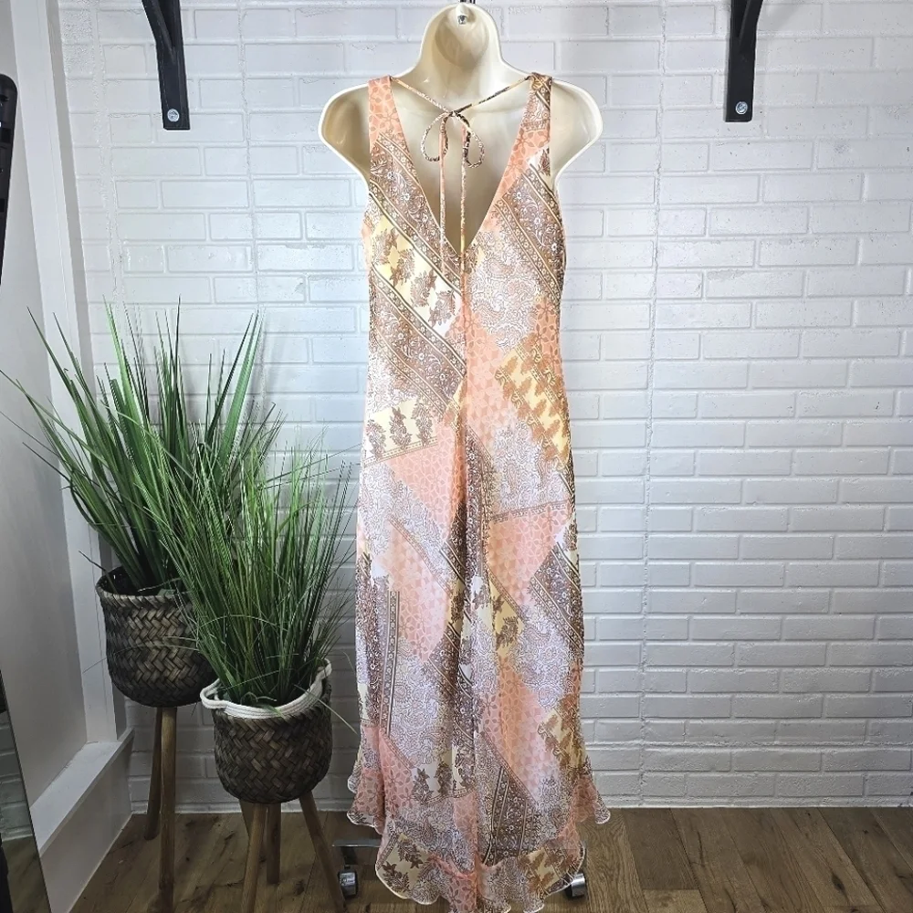 Vintage Y2k Paisley Chiffon Midi Dress size 8 Pastel Orange Cream Pink